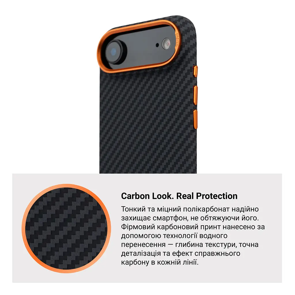 Карбоновый чехол для Apple iPhone 17 Air, LikeCarbon2 SE MagCase, черный, тонкий защитный чехол-панель из поликарбоната с магнитами N52, MagSafe, противоударный, совместим с беспроводной зарядкой, приподнятые края для защиты камеры - фото 7