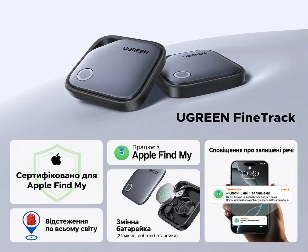 Bluetooth-трекер для пошуку речей UGREEN FineTrack CM816 AirTag пошукова мітка Apple Find My для підключення потрібен iPhone або iPad звуковий пошук поблизу iPhone сповіщення про залишені речі спільний доступ для 5 людей з iOS 17.0 або новішою зі змінною батарейкою CR2032 теоретична автономність 24 місяці версія 5.0 BLE темно-сірий із чорним обрамленням (45297) - фото 2
