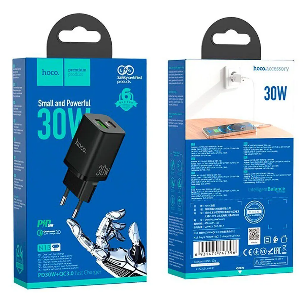 Сетевое зарядное устройство 1 USB+Type-C Hoco N13 PD30W+QC3.0 Black - фото 7