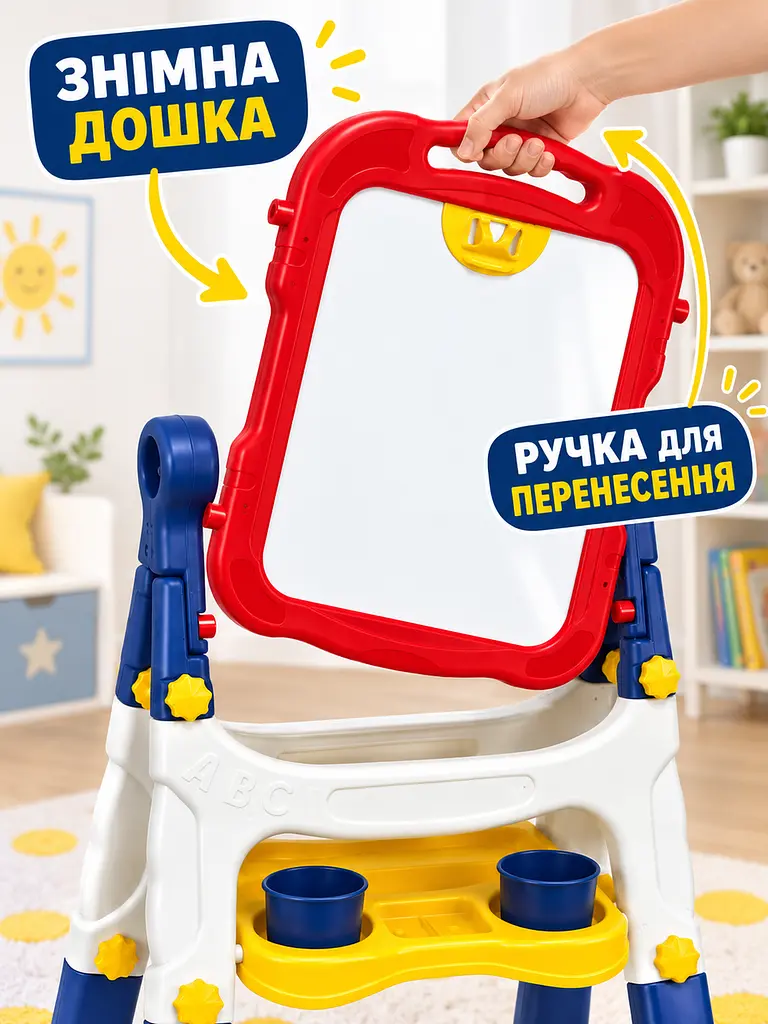 Дитячий двосторонній магнітний мольберт для малювання маркерами та крейдою зі знімною дошкою і поличкою, червоно-синій (49676394) - фото 4