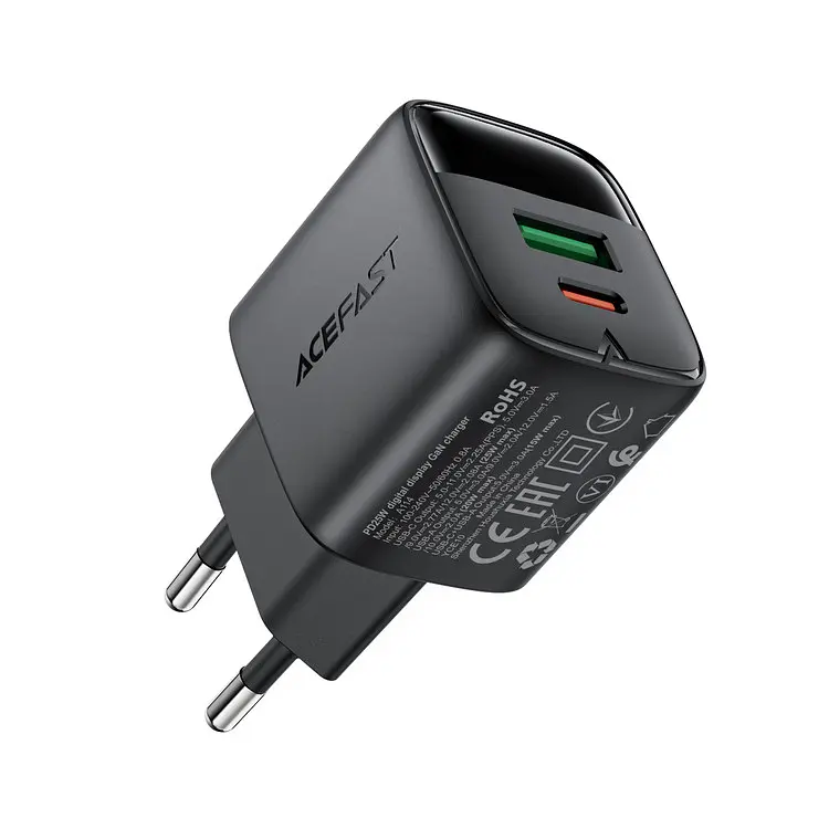 Мережевий зарядний пристрій ACEFAST A114 PD25W GaN charger (USB-A+USB-C) with digital display Чорний - фото 3