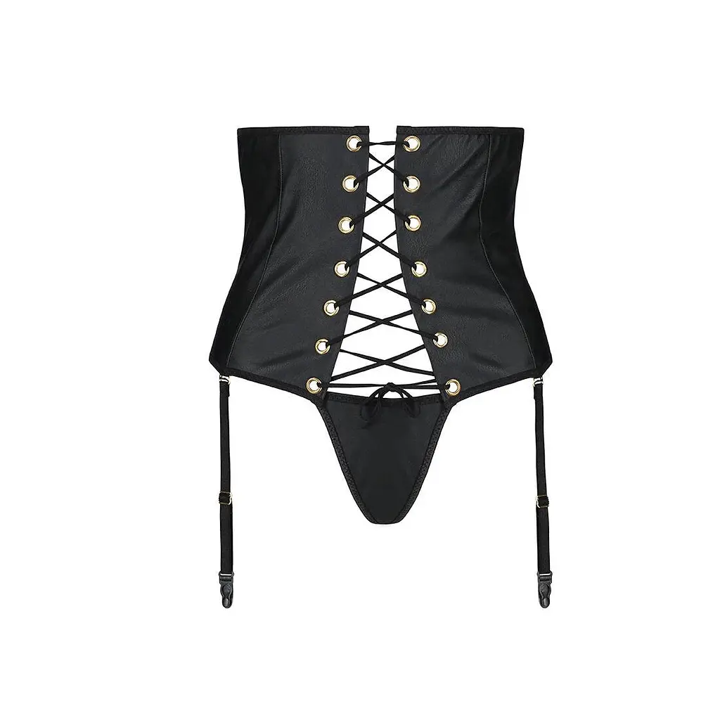 Пояс-корсет из экокожи CELINE Set black - Passion: шнуровка съемные пажи для чулок стринги L/XL - фото 5