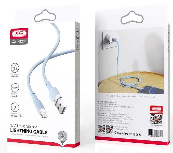 USB Кабель XO NB208 Lightning Liquid Silicone 2.4A 1.0m Синий - фото 2