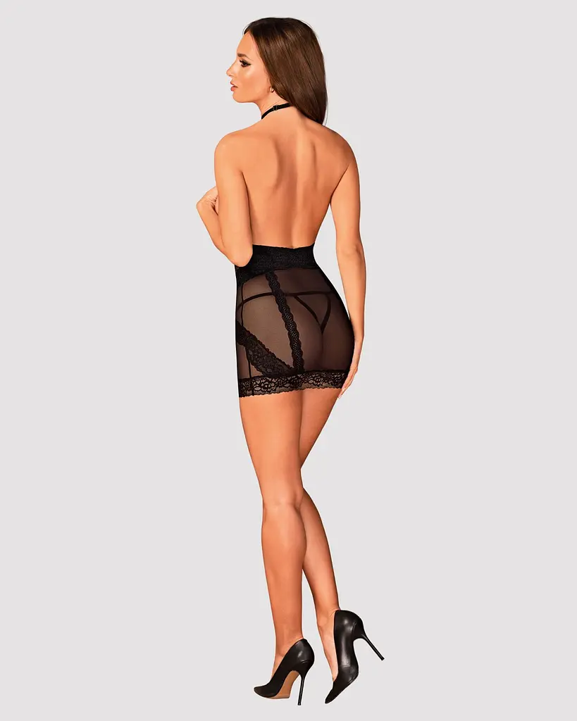 Напівпрозора сорочка з відкритими грудьми Obsessive Lacrisia chemise XL/2XL, чорна, з чокером - фото 4