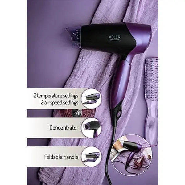 Фен дорожній Adler AD 2260, 1600 Вт 2 рівні обдування холодний режим концентратор складана ручка 1 шт. фіолетовий (33705-IS) - фото 8