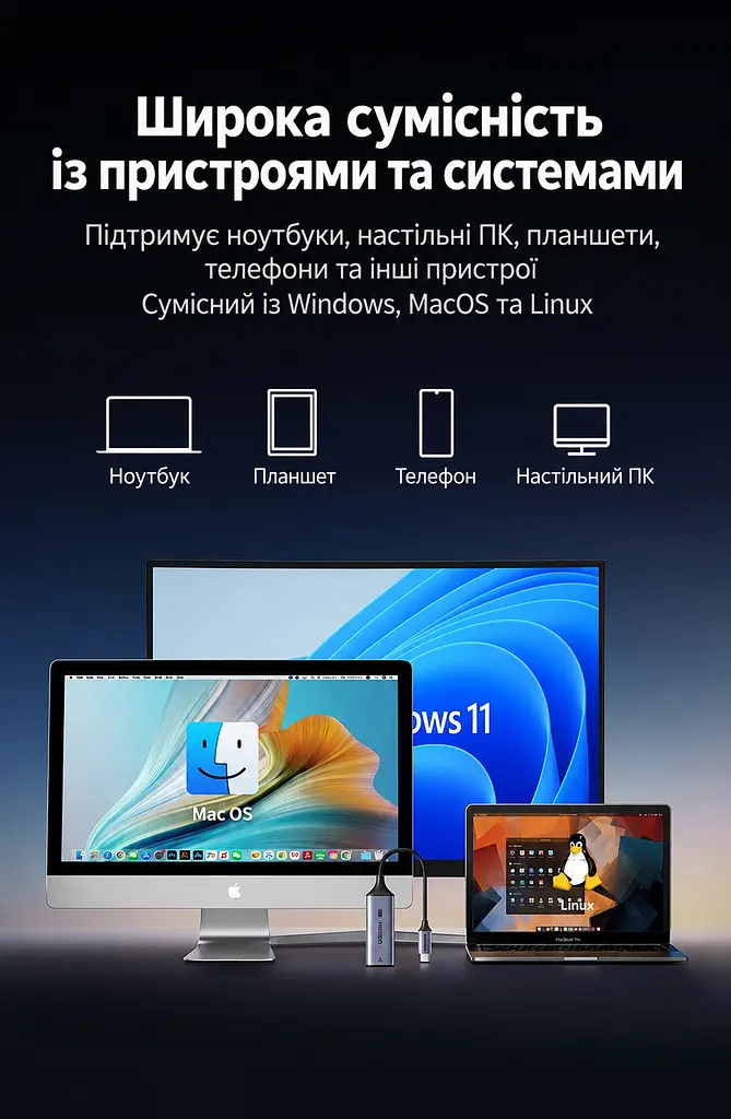 Дротовий Ethernet-адаптер UGREEN CM648 Вхідний штекер USB-C 3.1 Gen 1 та вихідний порт RJ45 Швидкість підключення до 2,5 Гбіт/с Для 2,5 Гбіт/с потрібні мережевий кабель Cat 6 або вище та підтримка 2.5G усіма пристроями тракту Для роботи потрібен USB-C-порт із передаванням даних Сумісний із Windows macOS Linux та iOS Підтримка Wake-on-LAN Алюмінієвий корпус для відведення тепла Чип RTL8156BG Вбудований кабель USB-C довжиною 15 см космічний сірий (25052) - фото 6
