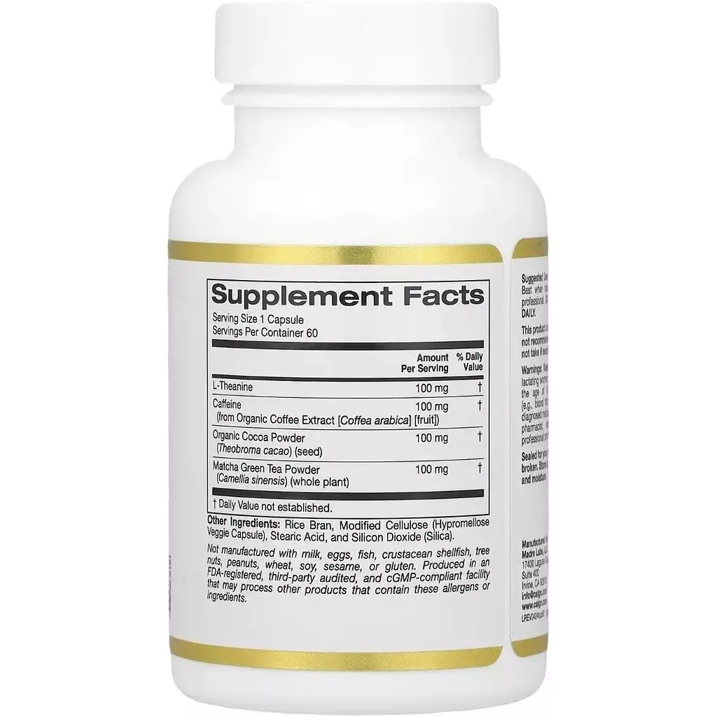 L-Теанин и кофеин California Gold Nutritionс L-Theanine & Caffeine plus Cocoa & Matcha 60 капсул - фото 2