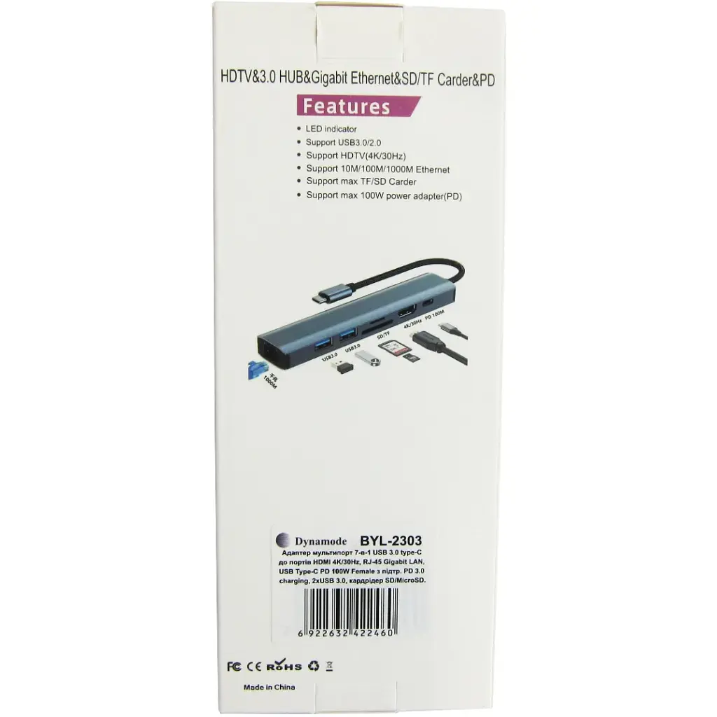 Концентратор Dynamode 7-in-1 USB-C to HDTV 4K/30Hz, 2хUSB3.0, RJ45, USB-C PD 100W, SD/MicroSD (BYL-2303) - фото 12