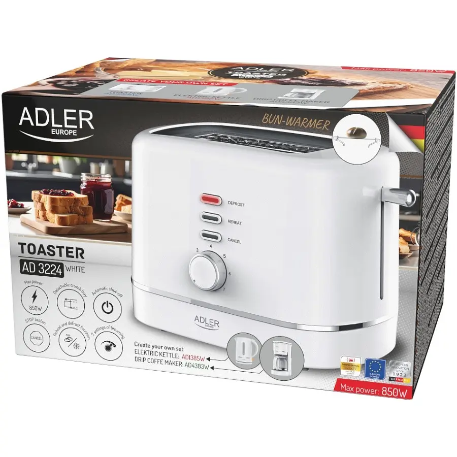 Тостер Adler AD 3224 білий 850Вт/ 2 відділення/7 режимів піджарювання/розморожування/підігрів булок - фото 7