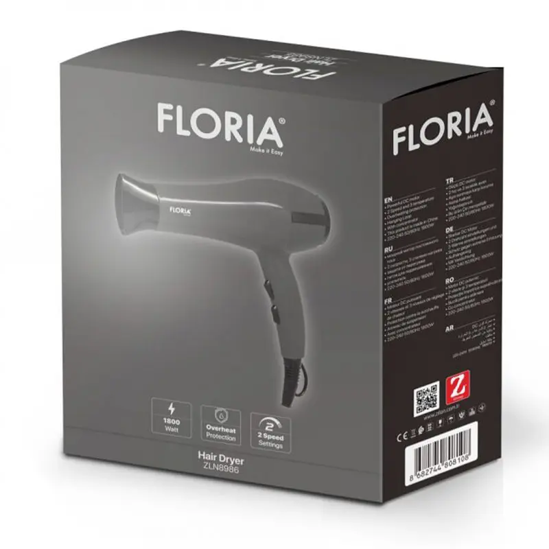 Фен для волос Floria ZLN8986, 1800 Вт 2 скорости 3 температуры концентратор 1 шт. серый (33705-IS) - фото 3