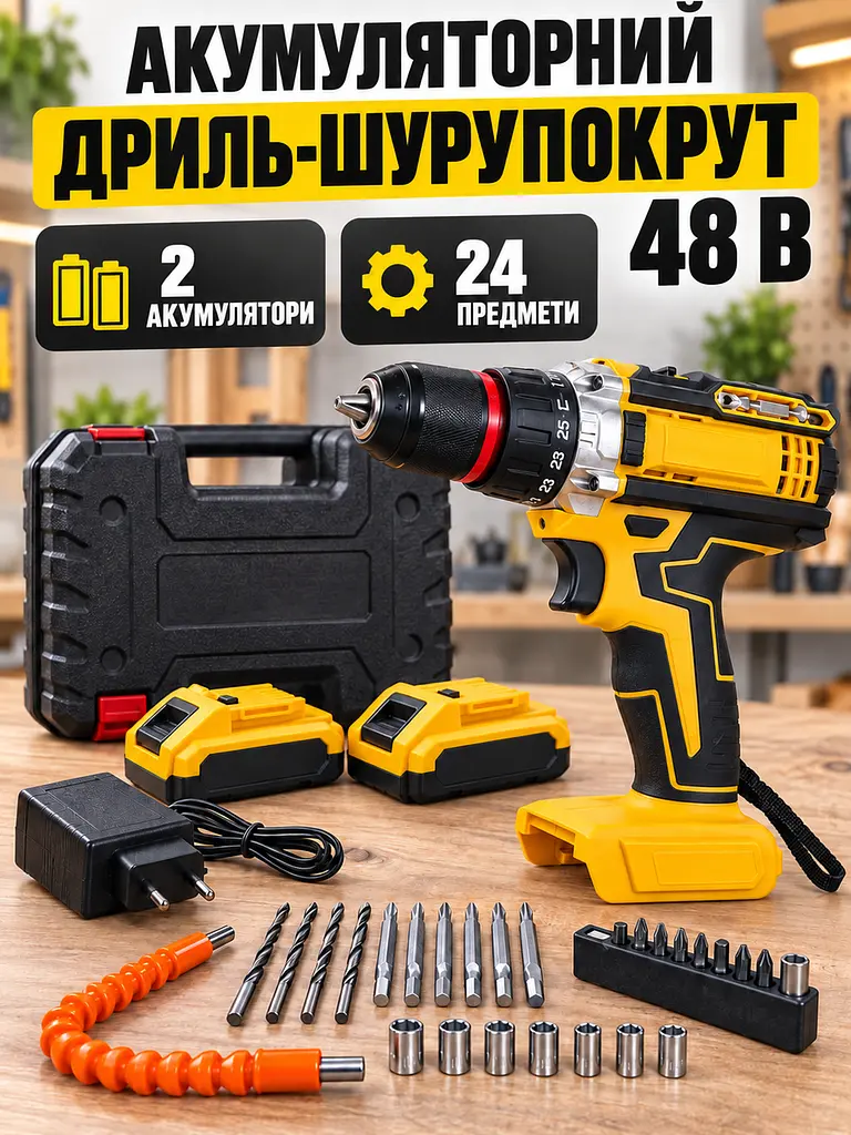 Дриль-шуруповерт акумуляторний 24V 1350 об/хв 24 предмети, жовтий / чорний (1663582196) - фото 2