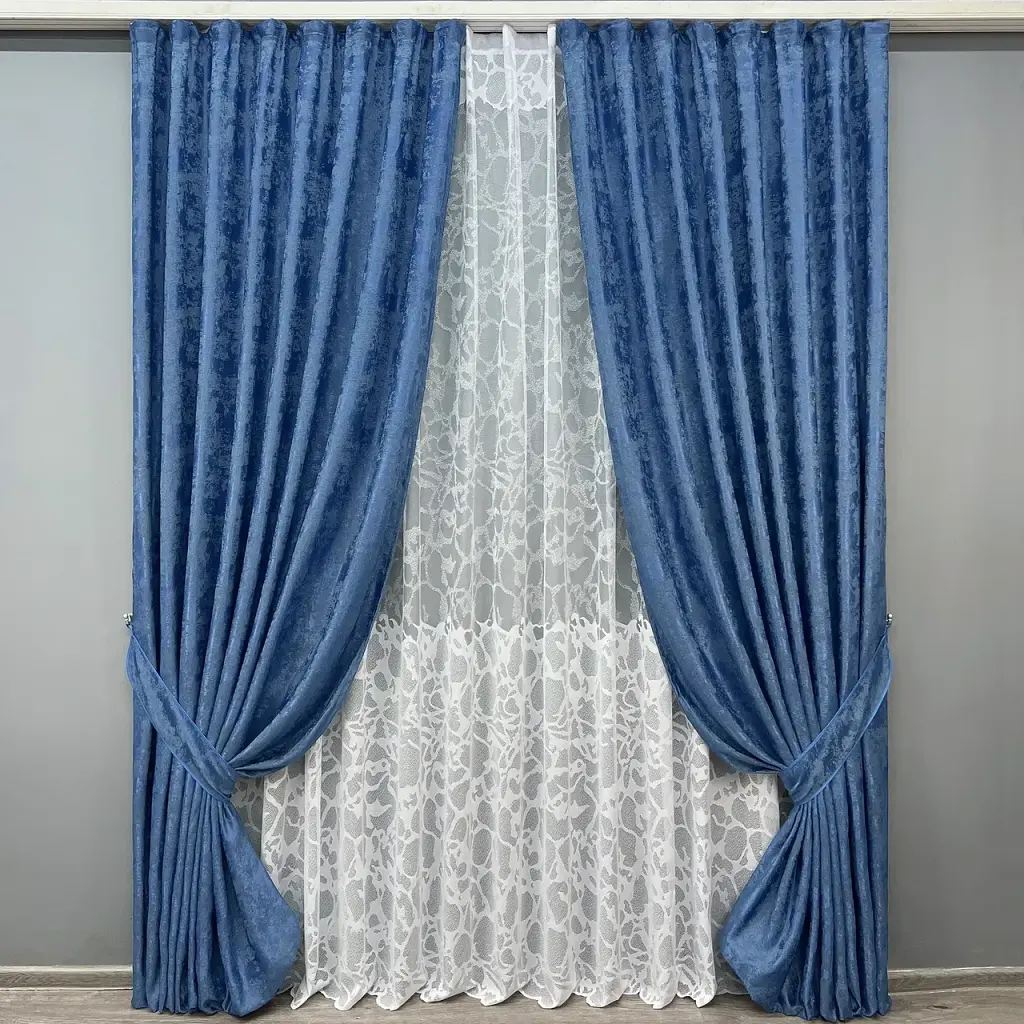 Комплект штор з тюлем VR-Textil Жакард Мармур, синій з білим, 2 штори 100×270 см + тюль 300×270 см, арт. 71-182/1