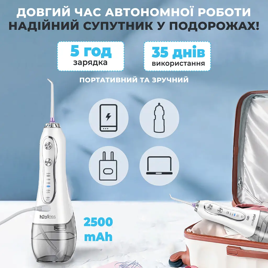 Іригатор для порожнини рота H2ofloss Travel Kit HF-6 з насадками White - фото 5