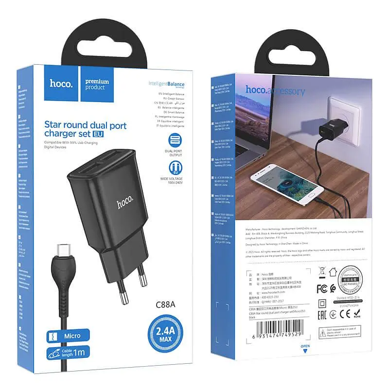 Адаптер мережевий HOCO C88A Star round dual port charger Micro USB Cable set чорний - фото 2