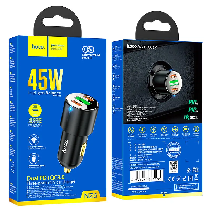 АЗП Hoco NZ6 PD45W 3-port ( 2C1A ) car charger Black - фото 4