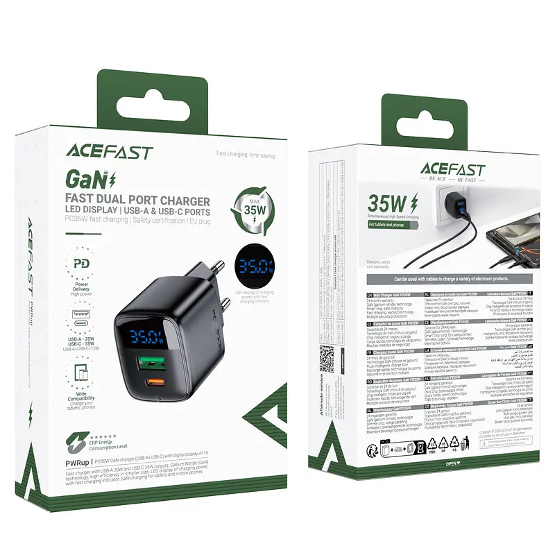 Мережевий зарядний пристрій ACEFAST A116 PD35W GaN charger (USB-A+USB-C) with digital display Чорний - фото 2