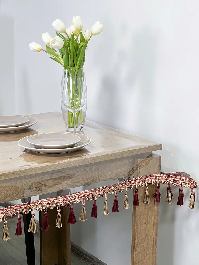 Скатертина силіконова з бордово-молочною бахромою 320х190 см - фото 8