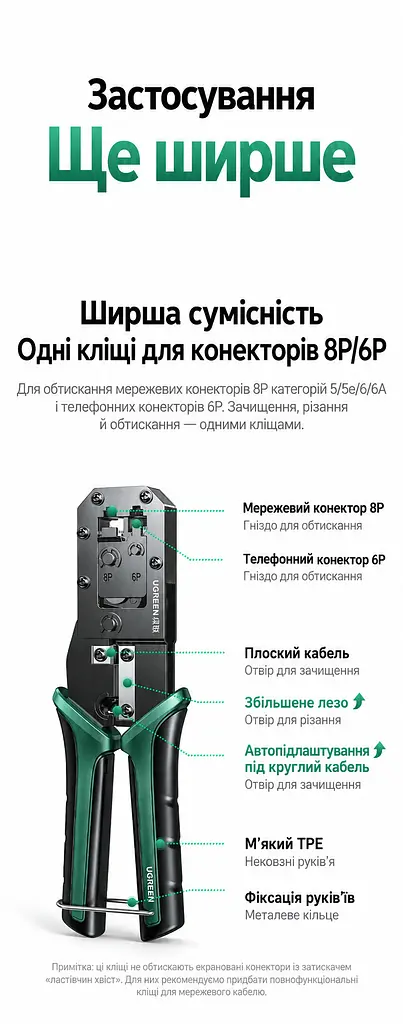Обтискні кліщі для мережевого кабелю UGREEN NW136 Pro кримпер для штекерів 6P/8P з різанням та саморегульованим зняттям ізоляції для телефонних і мережевих штекерів категорій п’ять і шість та їхніх покращених версій не для екранованих штекерів із затискачем «ластівчин хвіст» для зняття ізоляції з круглих кабелів діаметром до 8 мм і з плоских кабелів з кільцем фіксації губок з механізмом зменшення зусилля м’які протиковзні руків’я TPE лезо 33 мм чорні (85949) - фото 2