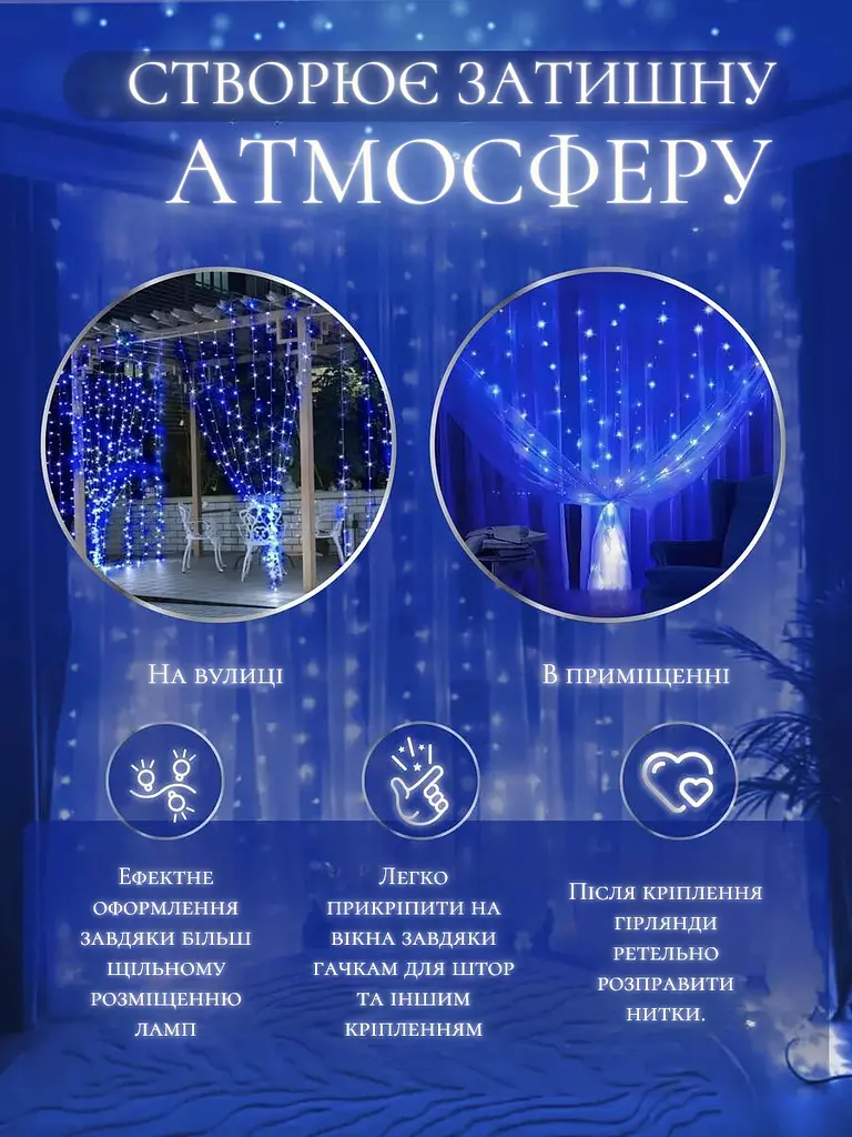 Світлодіодна штора на вікно новорічна гірлянда Синій (30307093) - фото 7