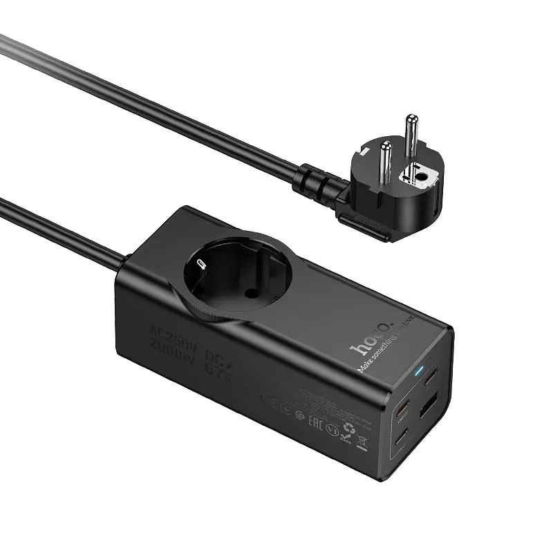 Мережевий подовжувач HOCO NS9 Wisdom 1-position (PD67W/3C1A) desktop socket (EU/GER) Black (6942007638494) - фото 5