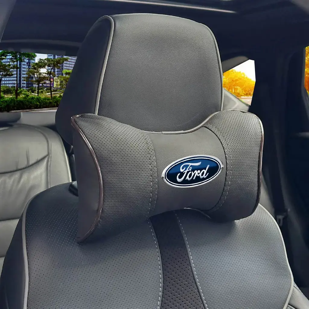 Подушка на підголівник з логотипом Ford Екошкіра 3D Кольоровий лого Чорна-Коричневий кант 1 шт