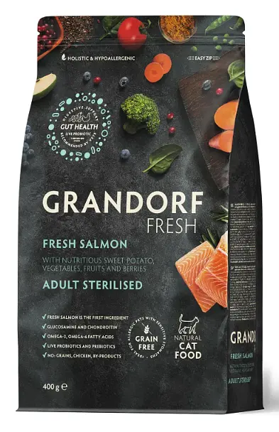 Сухий корм для стерилізованих котів лосось з бататом Grandorf FRESH SALMON & SWEET POTATO ADULT CAT STERILISED 400 г