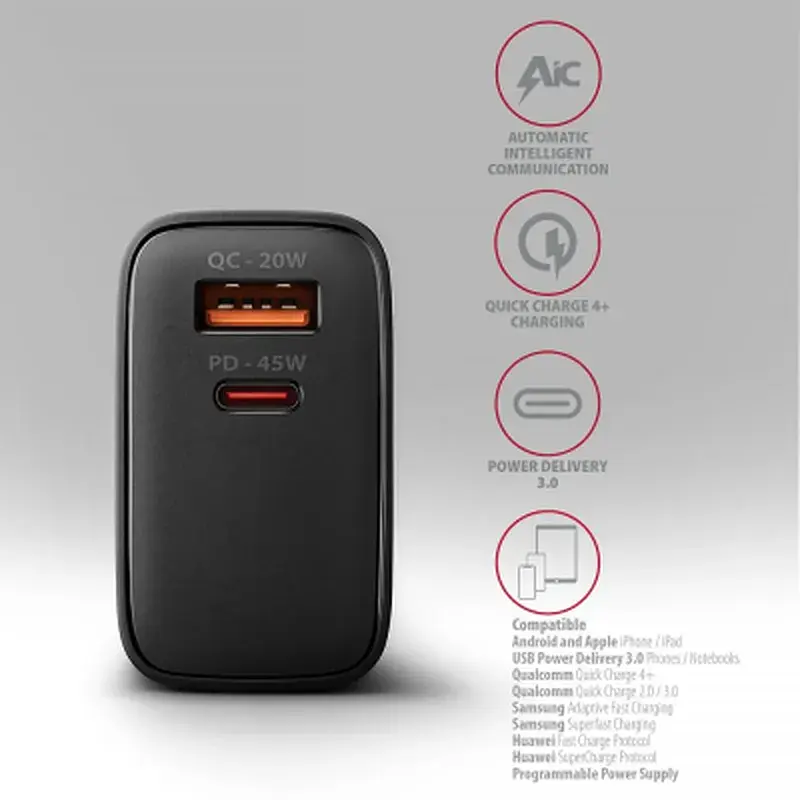 Зарядний пристрій AXAGON 1xUSB QC4.0 + 1xUSB-C PD45W PPS black (ACU-PQ45) - фото 5