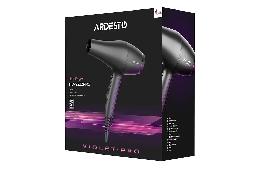 Фен Violet PRO HD-Y222PRO, 1850-2200Вт, 2 швидкості, 3 темп.режима, дифузор, чорний ARDESTO teh0017658 - фото 4
