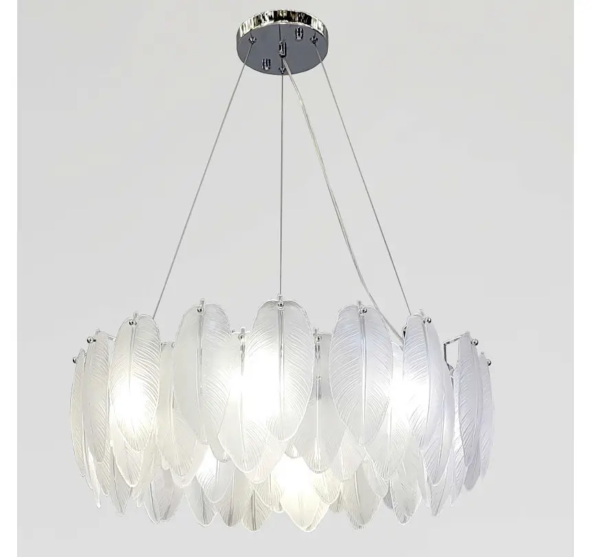 Сучасна люстра підвісна Artlight 21824-600CH хромована на 8 ламп E14 з матовим скляним декором у формі пір'я - фото 3