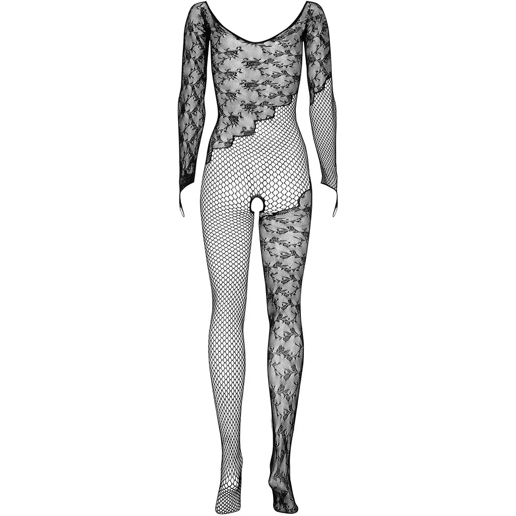 Бодістокінг Obsessive Bodystocking F210 S/M/L Black, рукава-мітенки, сітка, кольорове мереживо - фото 5
