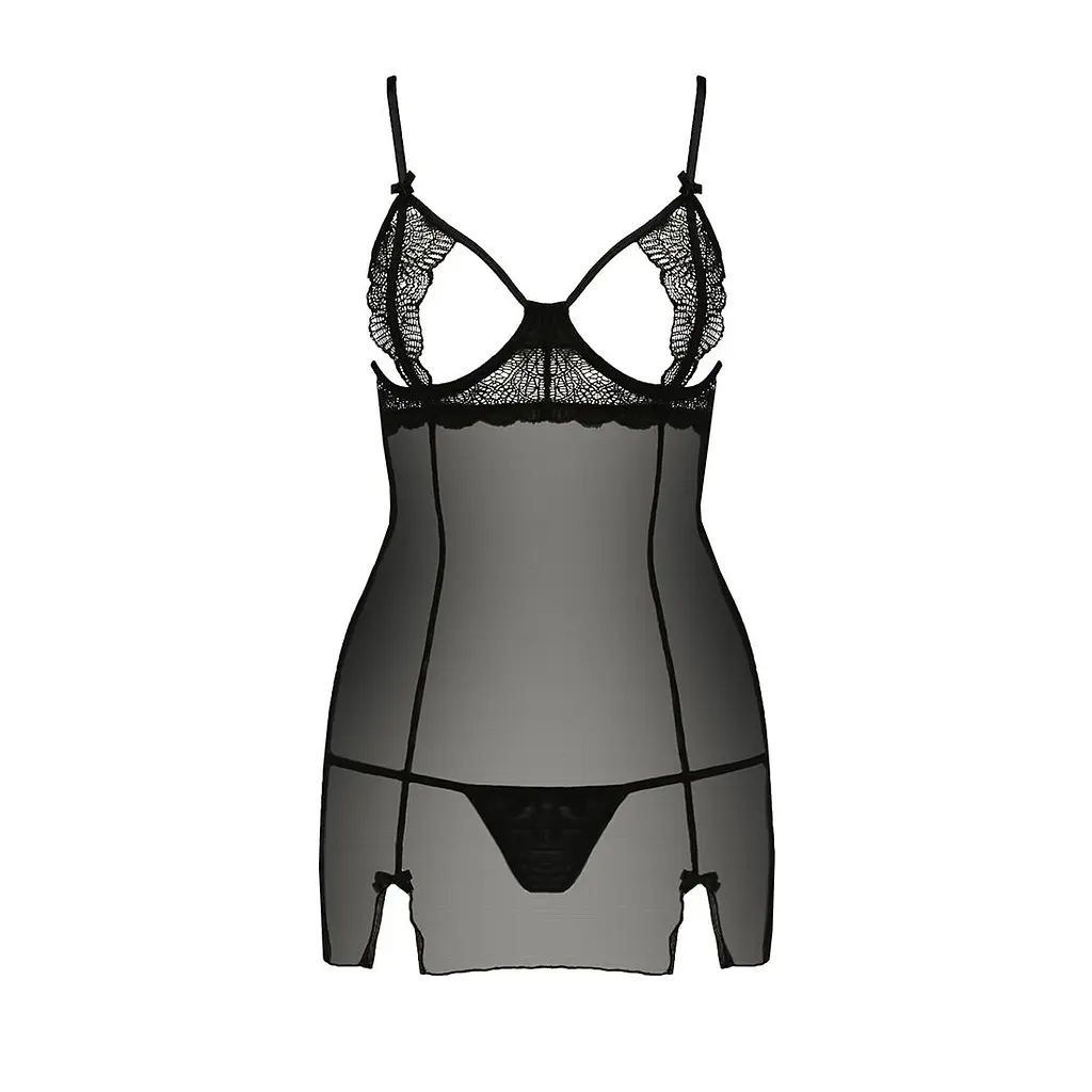 Прозора сорочка приталена Passion QUENTRIS CHEMISE L/XL, black, трусики - фото 5