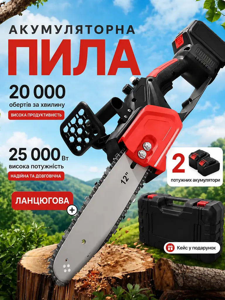 Акумуляторна ланцюгова пила 12" 48V - з 2 акумуляторами та кейсом, червона / чорна (49675846) - фото 2