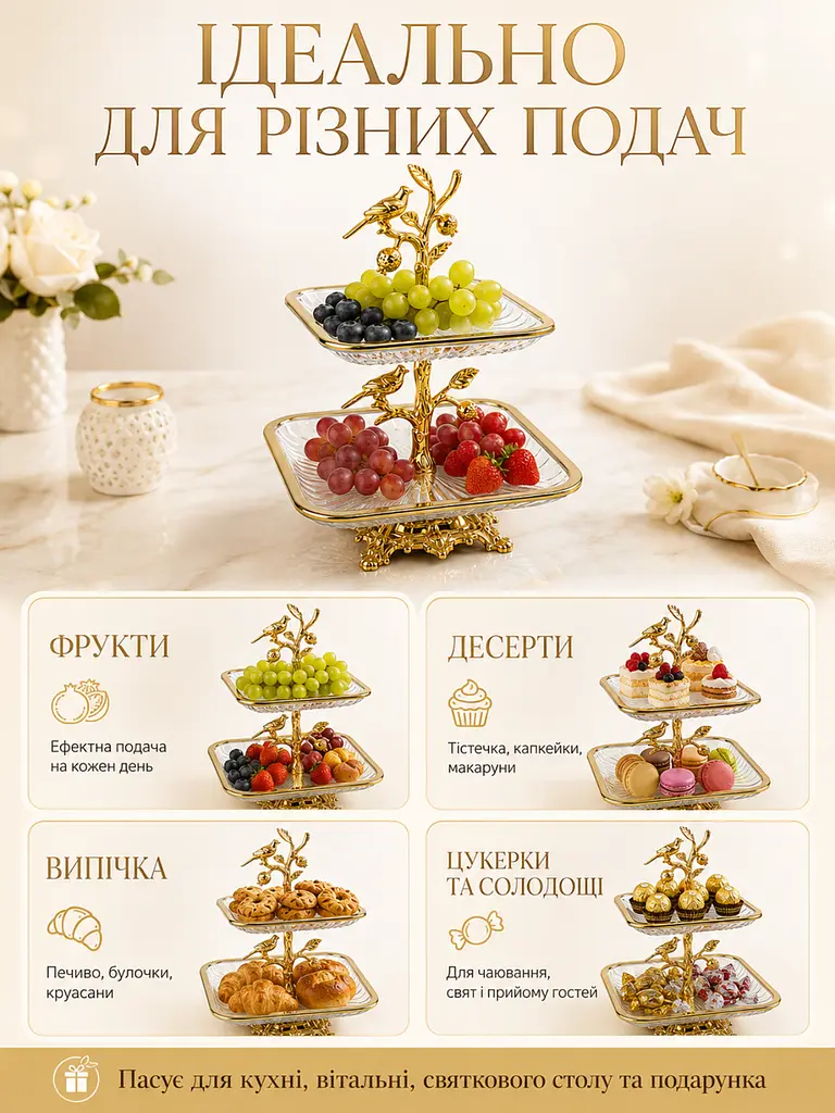Двоярусна скляна підставка для фруктів та десертів 24х24х35 см Прозора з золотом (37261984) - фото 5