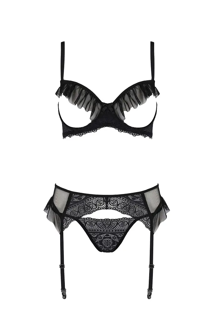 Комплект Passion KERRIA SET WITH OPEN BRA black, L/XL, бюстгальтер з відкритою чашкою, стрінги, пояс для панчіх - фото 3