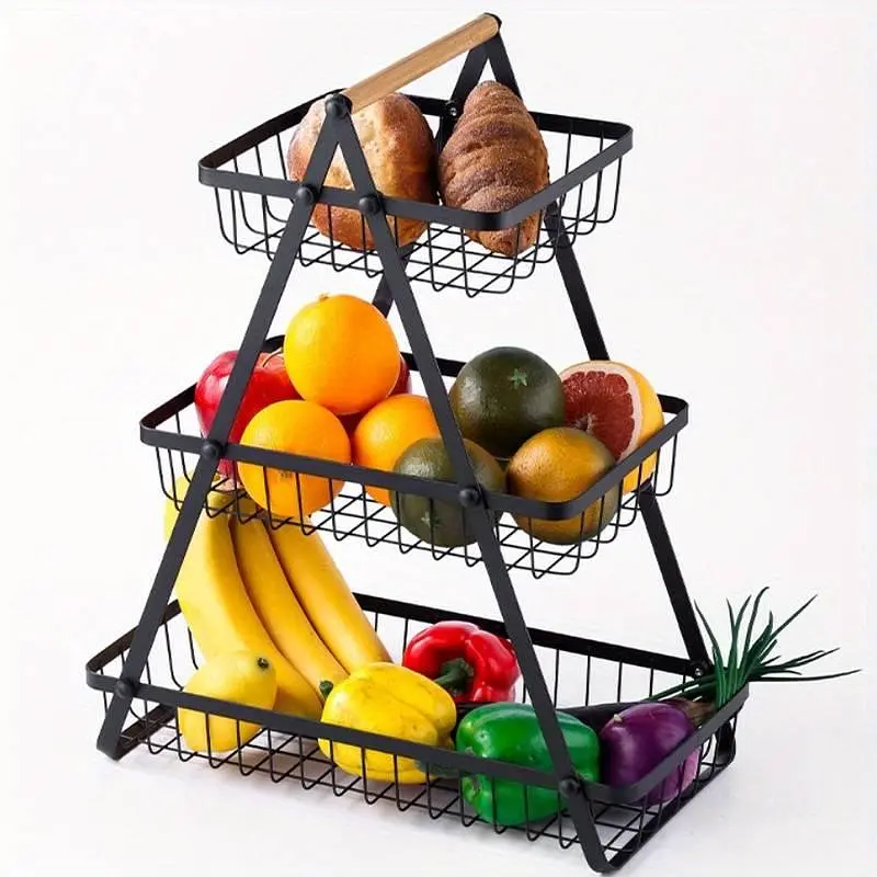 Настільний триярусний кошик - фруктівниця з дерев'яною ручкою Triple Fruit Basket · Розбірний металевий кошик для фруктів - фото 5