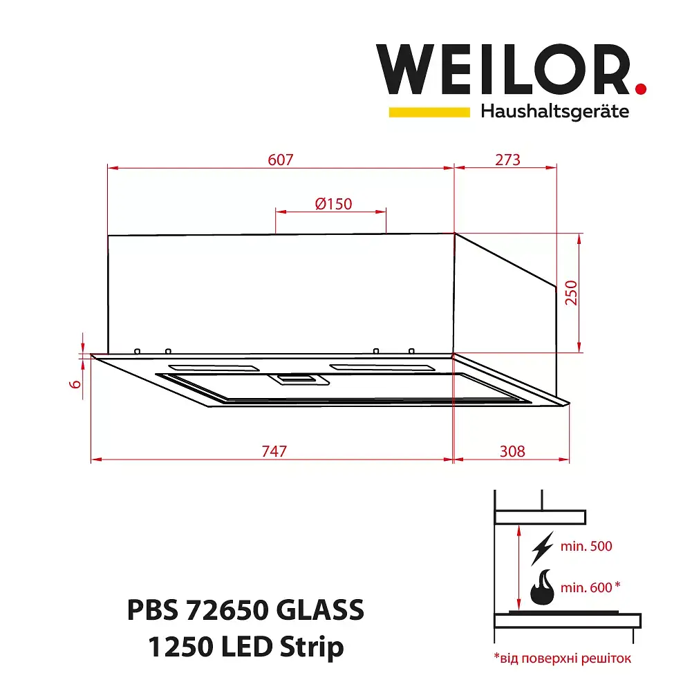 Витяжка повновбудована WEILOR PBS 72650 GLASS WH 1250 LED Strip - фото 11