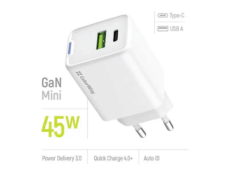 Мережевий зарядний пристрій ColorWay GaN Mini 45 W White (CW-CHS060PD-WT) - фото 2