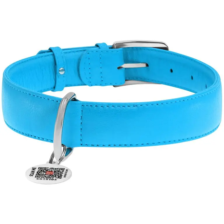 Ошейник для собак Waudog Glamour, кожаный, с QR паспортом, 46-60х3,5 см, голубой - фото 2