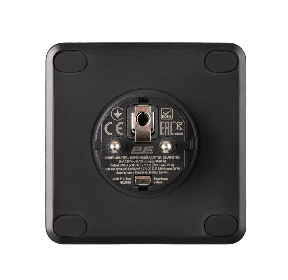 Сетевой фильтр-адаптер-тройник 2E AD431-BK 3xТипF, 16A, 2xUSB-A, 1x USB-C - фото 3