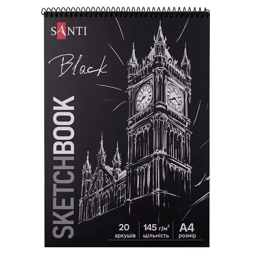 Скетчбук пруж. 20/145 А4 тв.обкл. чорний блок 743241/Santi/ - фото 3