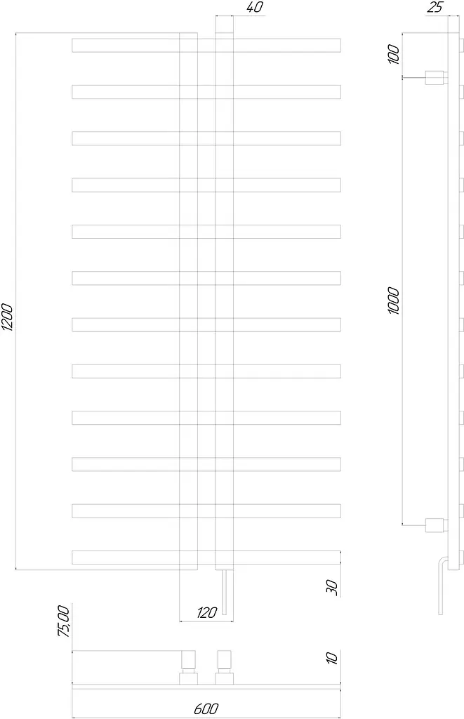 Электрический полотенцесушитель Kosser Флай 1200x600 EL тайм. черный ДФ03EL, Черный матовый, Левое - фото 2
