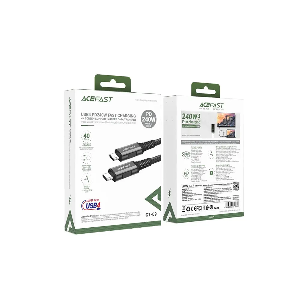 Дата кабель USB-C to USB-C 1.0m USB 4.0 240W audio/video black-grey Acefast (6974316282631) - фото 3