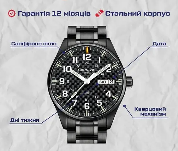 Годинник чоловічий наручний Carnival Black Jack (Чорні) - фото 4