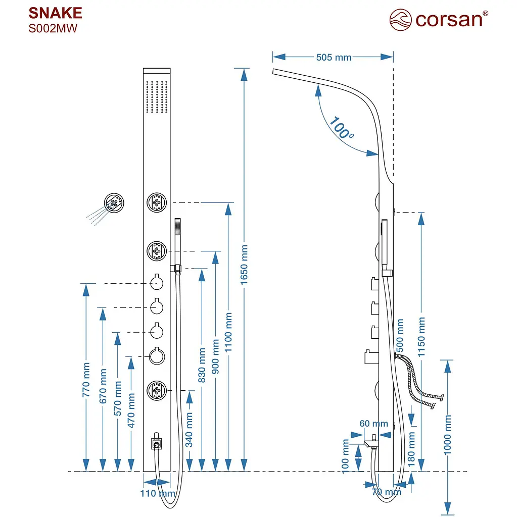 Душова панель Corsan Snake inox з виливом S002MSLW, Нержавіюча сталь - фото 4