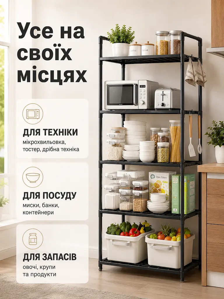 Полиця-органайзер етажерка 5 ярусів 147x50.5x27 см для кухні та ванної, чорна (49675903) - фото 7