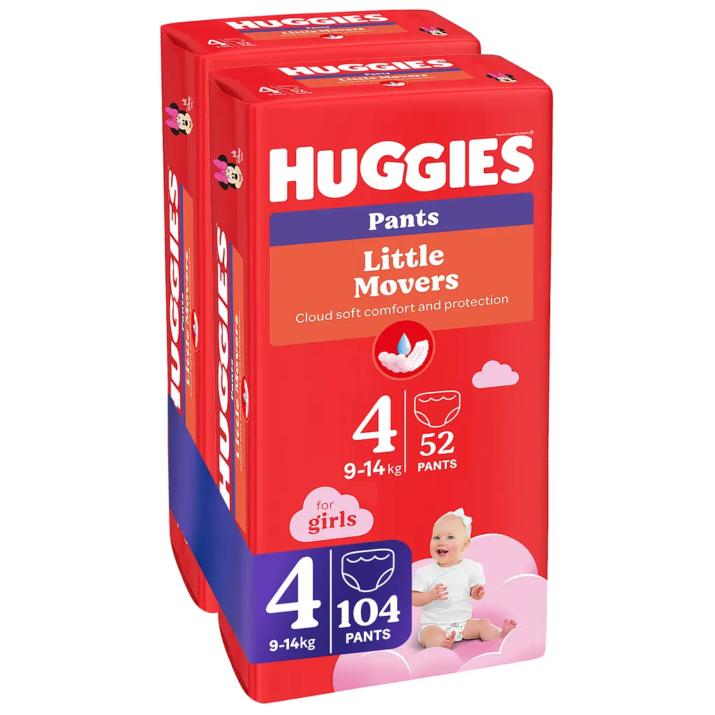 Набір трусиків-підгузків для дівчаток Huggies Little Movers Pants 4 (9-14 кг), 104 шт. (2 уп. по 52 шт.) - фото 2