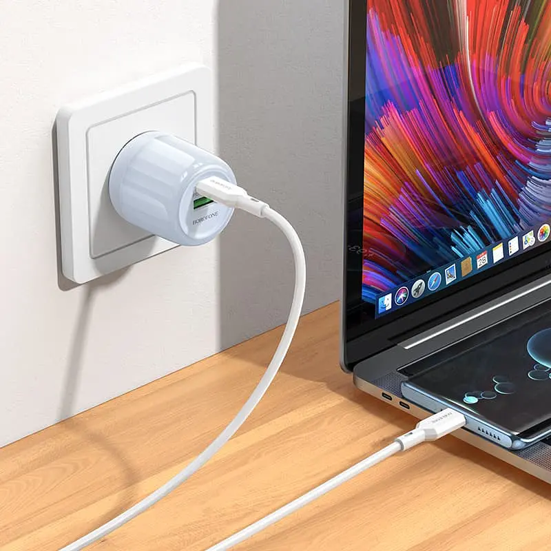 СЗУ Borofone BA93A Lustrous PD20W+QC3.0 (1USB-A/1C) + кабель Type-C to Lightning Blue - фото 3