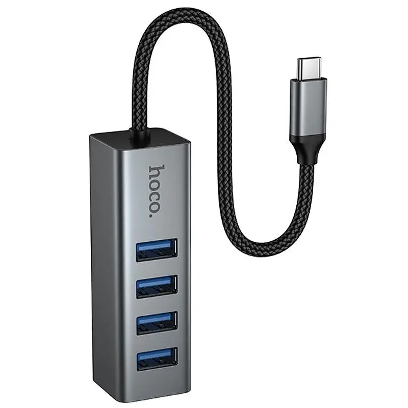 Переходник HUB Hoco HB1C 4-в-1 (Type-C на 4xUSB 3.0) (0,2 м), металлический серый - фото 5