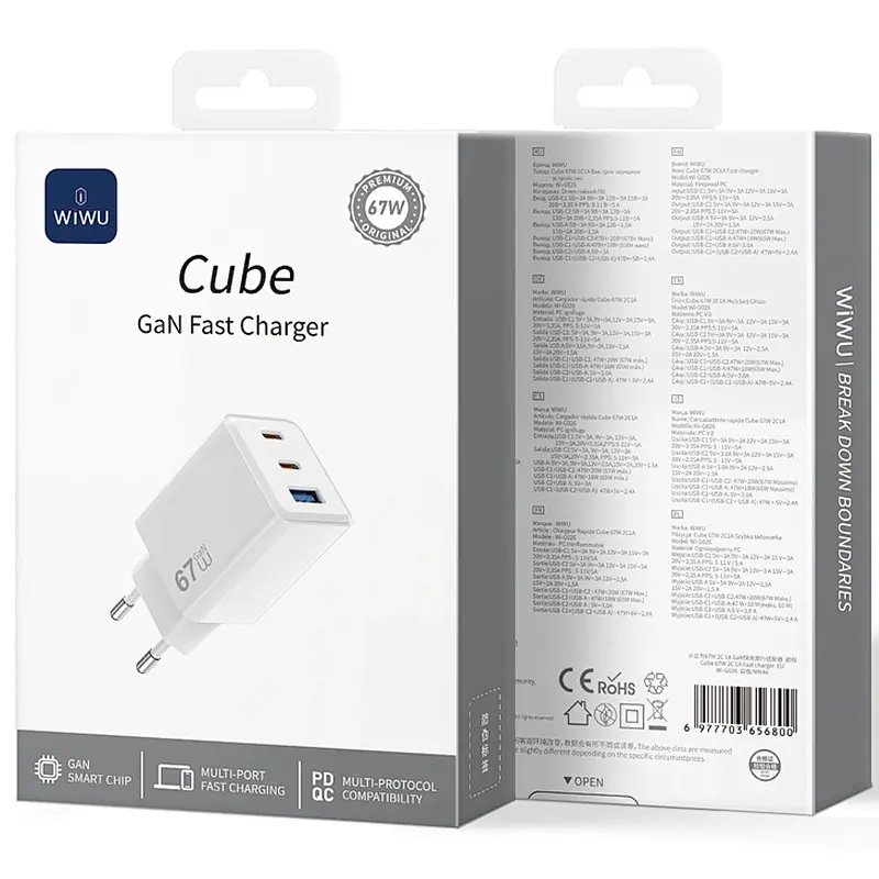 МЗП G026 Cube PD67W+QC3.0 GaN (1USB-A/2C) White Wiwu teh0029663 - фото 4