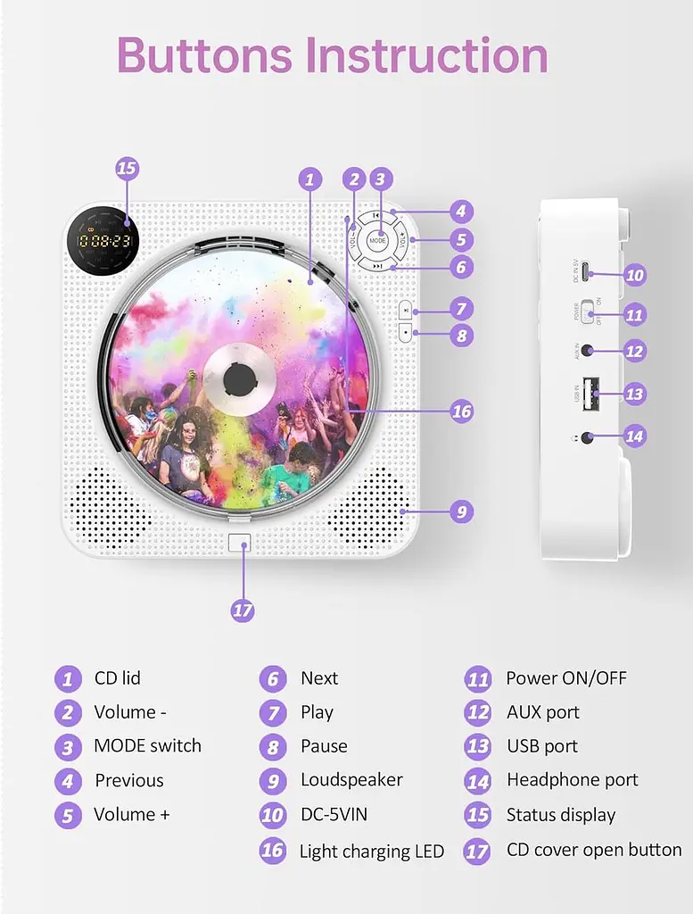 Портативний CD-плеєр DESOBRY з Bluetooth і FM-радіо - фото 2